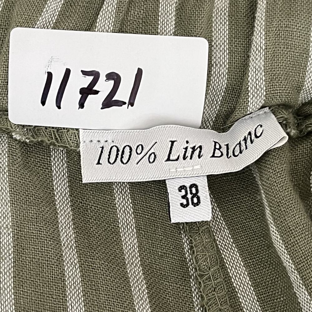 100% Lin Blanc Drawstring Linen Trousers Women's 38 Olive Green & White Striped - Picture 11 of 11